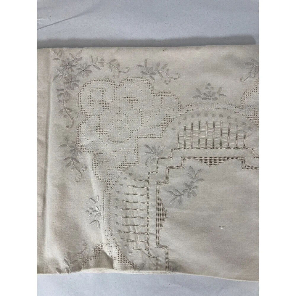 Vintage Beige Art Deco Tablecloth 17x50 Embroidered Rectangle Cottage Grannycore